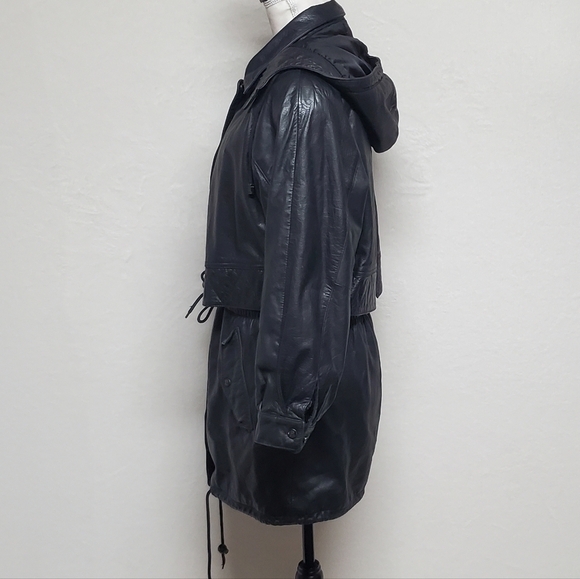 VINTAGE 80s Zenia Black Leather Hooded Tie-Waist Thermolite Lined Layered Jacket - Picture 10 of 16